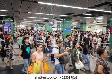 Guangzhou,china - Oct,2,2015:The National Day Golden Week, A Lot Of Peoples Crowded In Metro Station.