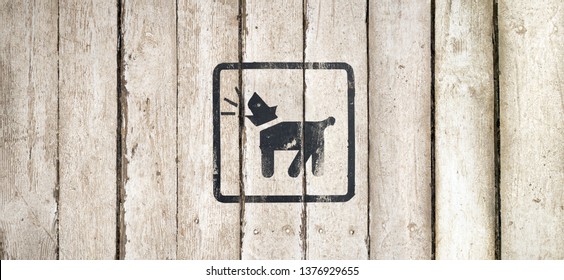 Guard Dog Inside Icon. Part Of A Series. Dog Barking Icon. Button Image On Wooden Background. Dog Barking Icon. Button Image On Wooden Background