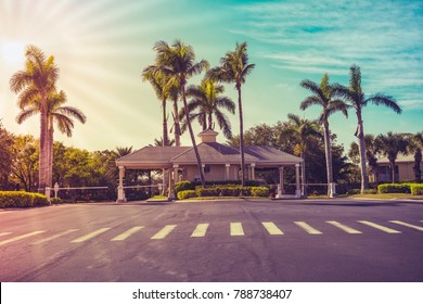 Guard Entrance To Gated Community In South Florida. Light Effect Applied