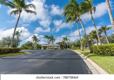 Guard Entrance Road To Gated Community With Palms, South Florida