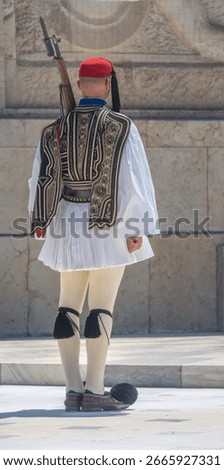 Guard (Evzone) rigidly standing in front of the Hellenic Parliament, Syntagma Square, Athens, Attica, Greece