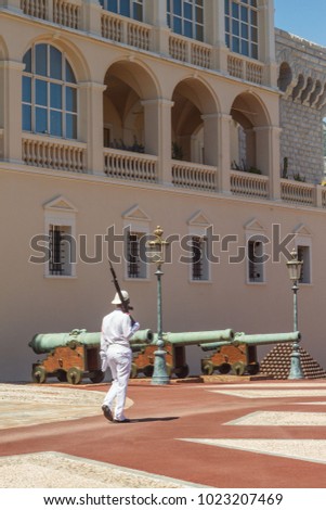 Guard on watch of Monaco royal palace with canons in background