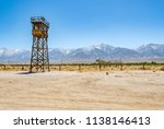 Guard tower at detention camp, Eastern Sierra mountains in the distance, Manzanar National Historic Site, Inyo County, California, United States