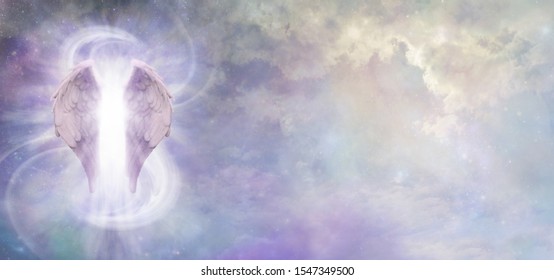 Guardian Angel Spirit Banner - A Pair Of Angel Wings With A Swish Of White Energy Behind Set Against A Wide Cosmic Universe Background With Copy Space
