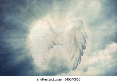 Guardian Angel White Wings Over Dramatic Grey With Light. Religion And Spiritual Concept