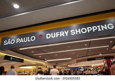 Guarulhos, São Paulo, Brazil - December 12 2020: Sign Of Duty Free Dufry Shopping Store In São Paulo Guarulhos International Airport.