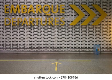 Guarulhos, São Paulo / Brazil - March 27 2020: Departures Direction Sign In São Paulo Guarulhos International Airport.