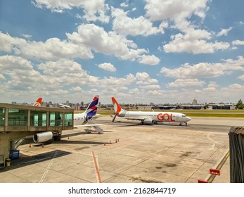 Guarulhos, São Paulo, Brazil - November 17, 2021: Airplane In The Passenger Terminal Of Sao Paulo International Airport