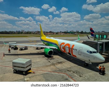 Guarulhos, São Paulo, Brazil - November 17, 2021: Airplane In The Passenger Terminal Of Sao Paulo International Airport