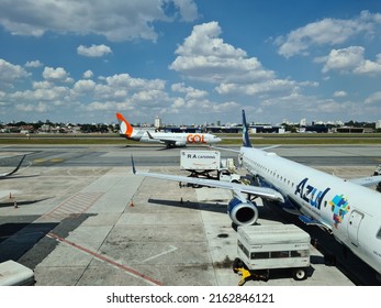 Guarulhos, São Paulo, Brazil - November 17, 2021: Airplane In The Passenger Terminal Of Sao Paulo International Airport