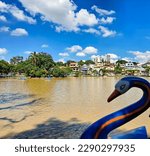 Guarulhos, Sao Paulo, Brazil - April 17, 2023. 
Panoramic view of the duck pond. Located in the city of Guarulhos. With the head of the duck-shaped pedal boat being displayed.