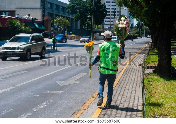 Guatemala\
City, Guatemala 04/02/20, Young flower seller on Avenida Reforma,\
in Guatemala City, informal work, source of income with\
identification in vest in Spanish.\
Editorial