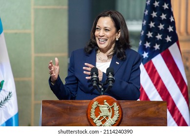 Guatemala - Guatemala City 07-06-2021. USA Vice President Kamala Harris g a press conference after meeting with Guatemala's President and community leaders to discuss migration and corruption control.