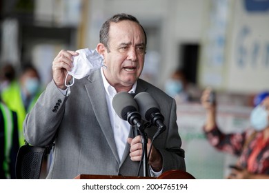 Guatemala - Guatemala City 08-07-21. Guatemala’s President Alejandro Giammattei Says Guatemala Is Going To Defeat Covid 19 At A Ceremony To Receive 1.5 Million Vaccines From The US.
