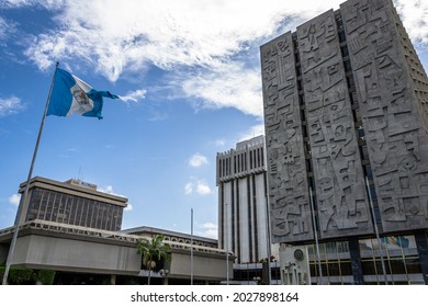 Guatemala City, Guatemala – August 25, 2015 – Civic Center Of Guatemala City. On The Right, The Bank Of Guatemala Building Highlighting The Mayan Heritage Through The Decorative Facing Façades