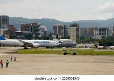 Guatemala City, September 18 - 2020, Movement On La Aurora International Runway, US Military Aircraft In The Background, Latin American Cityscape. Editorial 