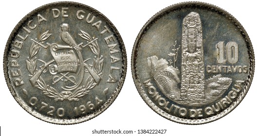 Guatemala Guatemalan Silver Coin 10 Ten Centavos 1964, Arms, Scroll In Front Of Two Crossed Rifles Flanked By Sprigs, Bird On Top Of Scroll, Quirigua Monolith,