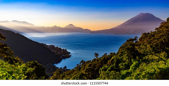 Guatemala. Panoramic View Of Lake Atitlan (Lago De Atitlan). There Are Two Volcanoes In The Right: Atitlan After Toliman