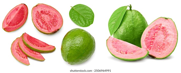 guava with slice and green leaves isolated on white background. clipping path