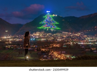 Gubbio, Italy - 17 December 2021 - A View Of Old Town Of Umbria Region, During The Christmas Holidays, With Biggest Christmas Tree In World And Nativity Scene Of Life-size Statues In Medieval District