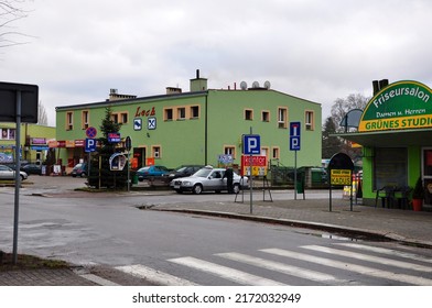 Gubin, Poland - January 5, 2013: Lech Inn Building Structure And Hair Salon Exterior Street View.