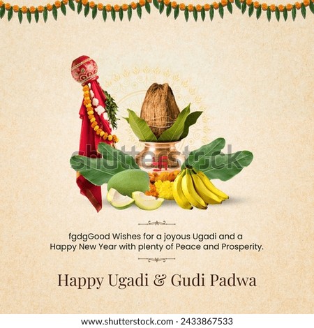 Gudhi and pooja thali (tray) for Indian New Year (and harvest) festival Gudi Padwa (Ugadi, Yugadi).