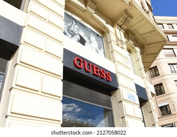 Guess Brand Logo On The Facade Of A Clothing Store. Februaru 19, 2021, Spain, Valencia.