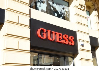 Guess Brand Logo On The Facade Of A Clothing Store. Februaru 19, 2021, Spain, Valencia.