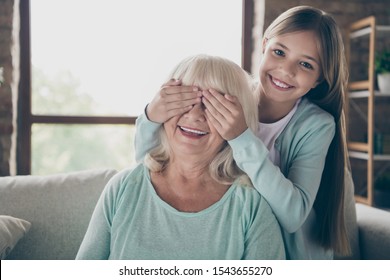 Guess Who? Photo Of Two Adorable People Cute Aged Granny Little Granddaughter Surprise Visit Sit Cozy Sofa Grandchild Closing Grandma Eyes House Indoors