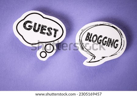 Guest Blogging. Two speech bubbles with text on a violet background.