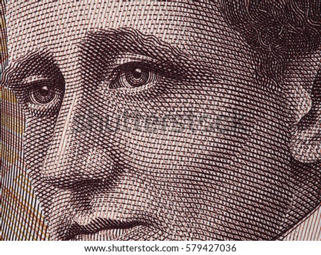 Guglielmo Marconi face portrait on Italy 2000 lira banknote (1990) extreme macro, Italian money closeup. Inventor of radio.