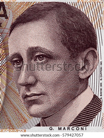 Guglielmo Marconi face portrait on Italy 2000 lira banknote (1990) close up, Italian money macro. Inventor of radio.