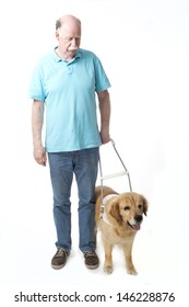 Guide Dog And Blind Man Isolated On White