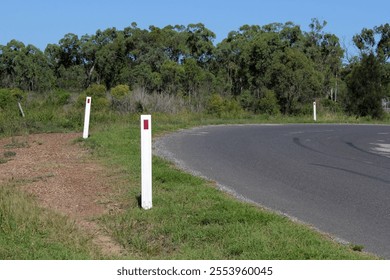 Guide posts roadside markers next to a rural road with a background of trees