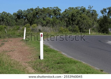 Guide posts roadside markers next to a rural road with a background of trees