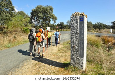 Guillena, Spain - Oct 16, 2010: Miliary And Pilgrims Near Castilblanco Village In Way To Santiago (Via De La Plata) At Seville Province. Via De La Plata Is Camino De Santiago From Seville To Santiago