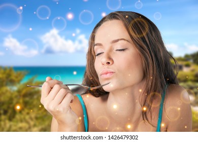 Guilty Pleasure Concept, A Woman With A Fork On Natural Background