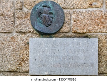 Guimaraes, Braga, Portugal - December 28 2012: Memorial Plaque To Eduardo Romano De Arantes E Oliveira (1907-1982), Civil Engineer. Famous Scientist In Structural Mechanics And Finite Element Method.