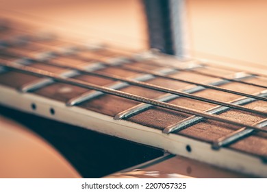 Guitar Neck With A Metal String, Macro Photography.