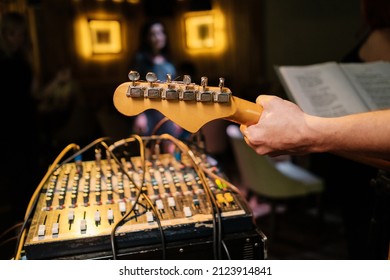 Guitar And Old Amplifier. Musician On The Pub Stage.