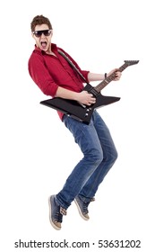 Guitar player with sunglasses playing his guitar on his tip toes