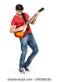 Guitarist  Man Plays On The Electric Guitar With Bright Emotions