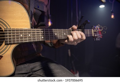 Guitarist Plays Acoustic Guitar Capo Concept Stock Photo 1937006695 ...