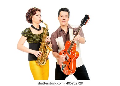 Guitarist And Saxophonist Duo In The Style Of The 60s. Rock'n'roll, Jazz. Beat Generation. Isolated Over White. 