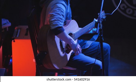 Guitarist - Young Man - Plays Concert Acoustic Guitar In Night Club, Telephoto