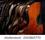 Guitars - many acoustic, bass and electric guitars on guitar rack stand backstage at a live music venue or in a recording studio.