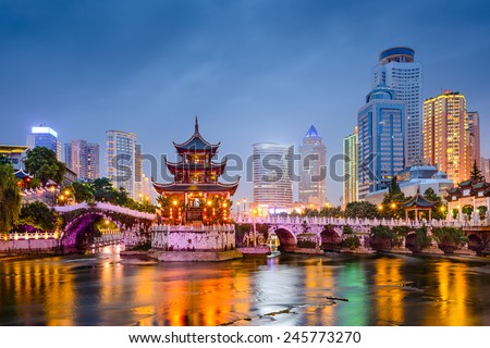 Guiyang, China skyline at Jiaxiu Pavilion on the Nanming River.