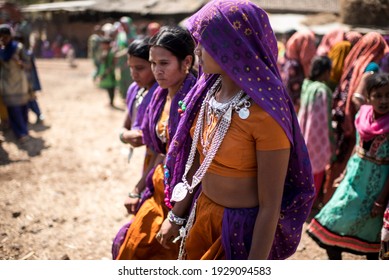 GUJARAT - INDIA - March 14, 2017: Rathva tribal women in traditional dress take participation in annual tribal Holi festival, Kawant village near Vadodara. 