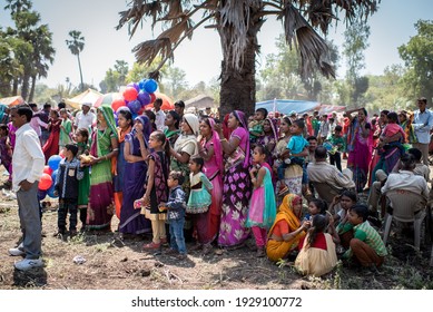 GUJARAT - INDIA - March 14, 2017: Rathva tribal women in traditional dress take participation in annual tribal Holi festival, Kawant village near Vadodara. 