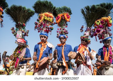 GUJARAT - INDIA - March 14, 2017: Rathva tribal people in traditional dress take participation in annual tribal Holi festival, Kawant village near Vadodara. 
